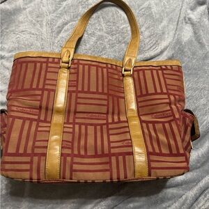 VINTAGE Calvin Klein Red Stripe Logo Canvas Leather Tote /Attache Bag Large